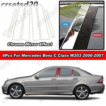 6x Chrome PC Pillar Post Cover Trim for Mercedes-Benz C-Class W203 (2000–2007)