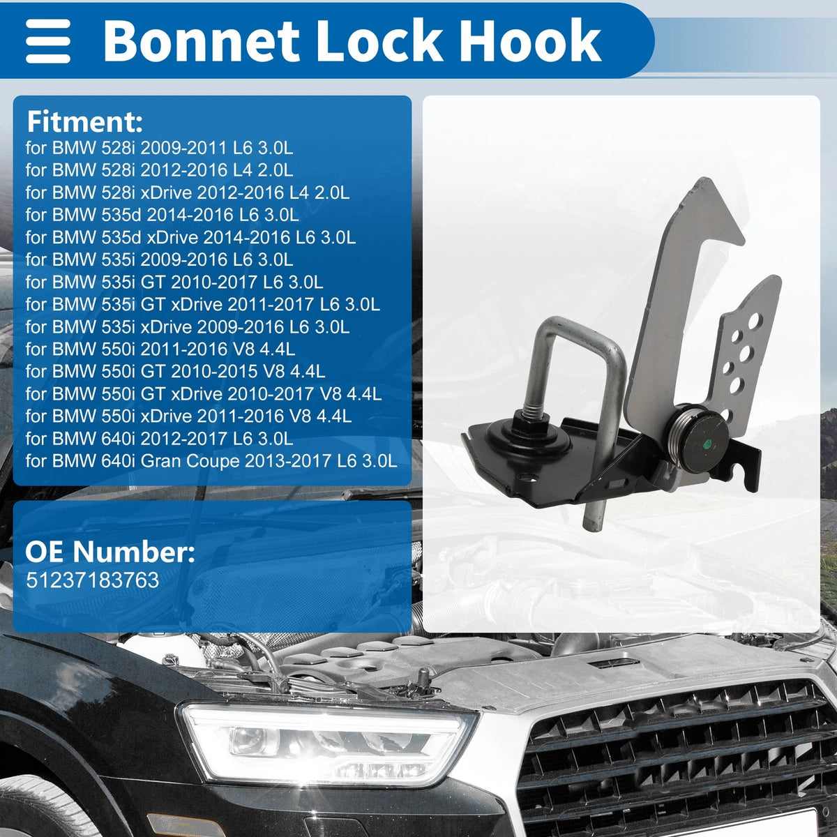 Hood Latch Assembly for BMW 528i L6 3.0L (2009-2011) - 1 x Pcs