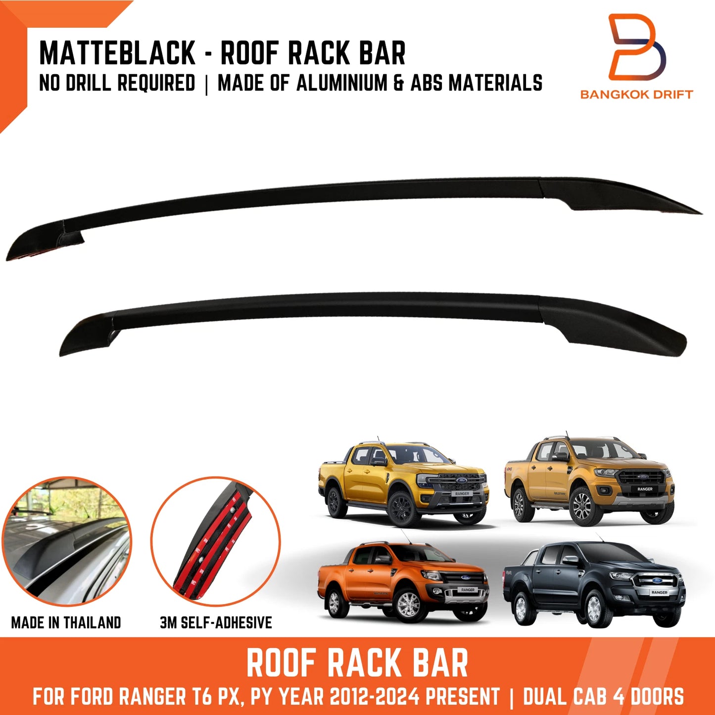 Matte Black Roof Rack Bar Rails for Ford Ranger PX, Mazda BT-50 (2011-2023)