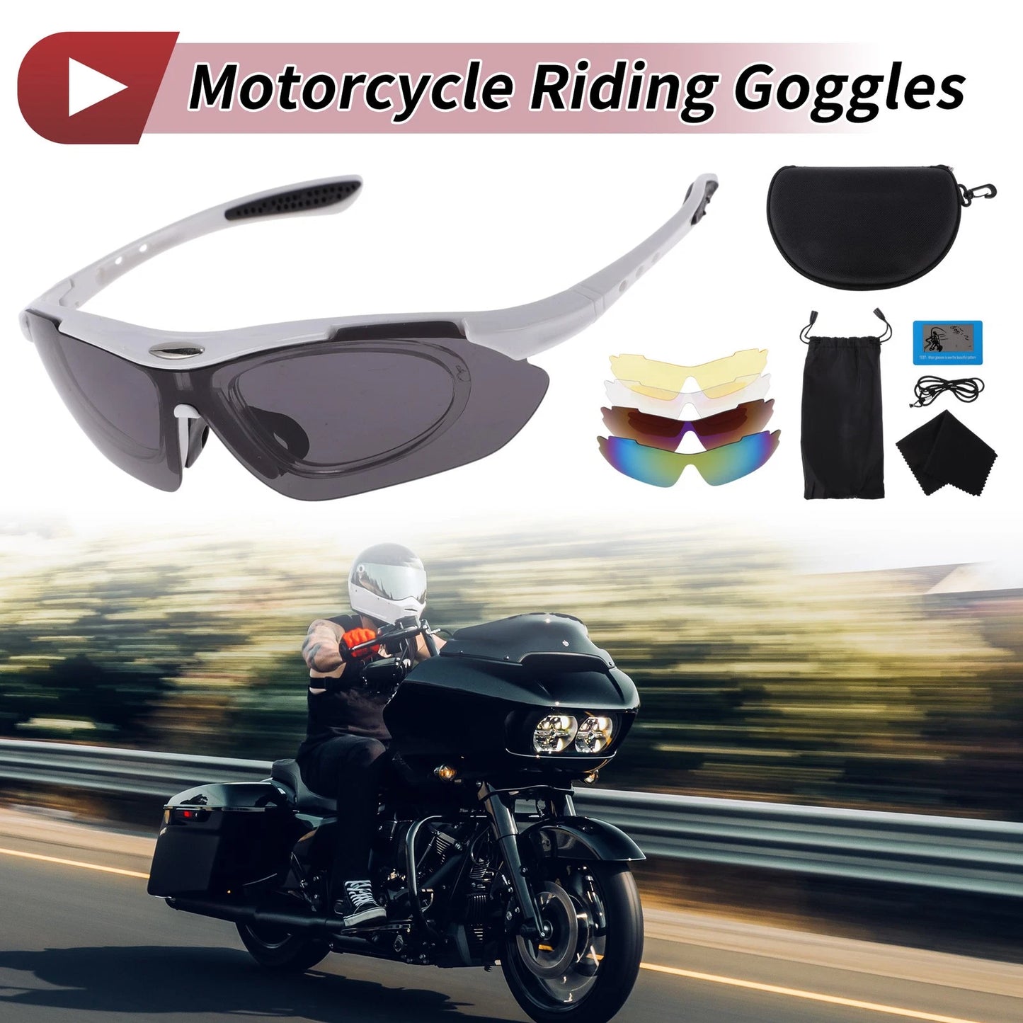 Goggles for Motorcycle Riding Dark Gray Lens White Black Frame Cycling Sunglasses