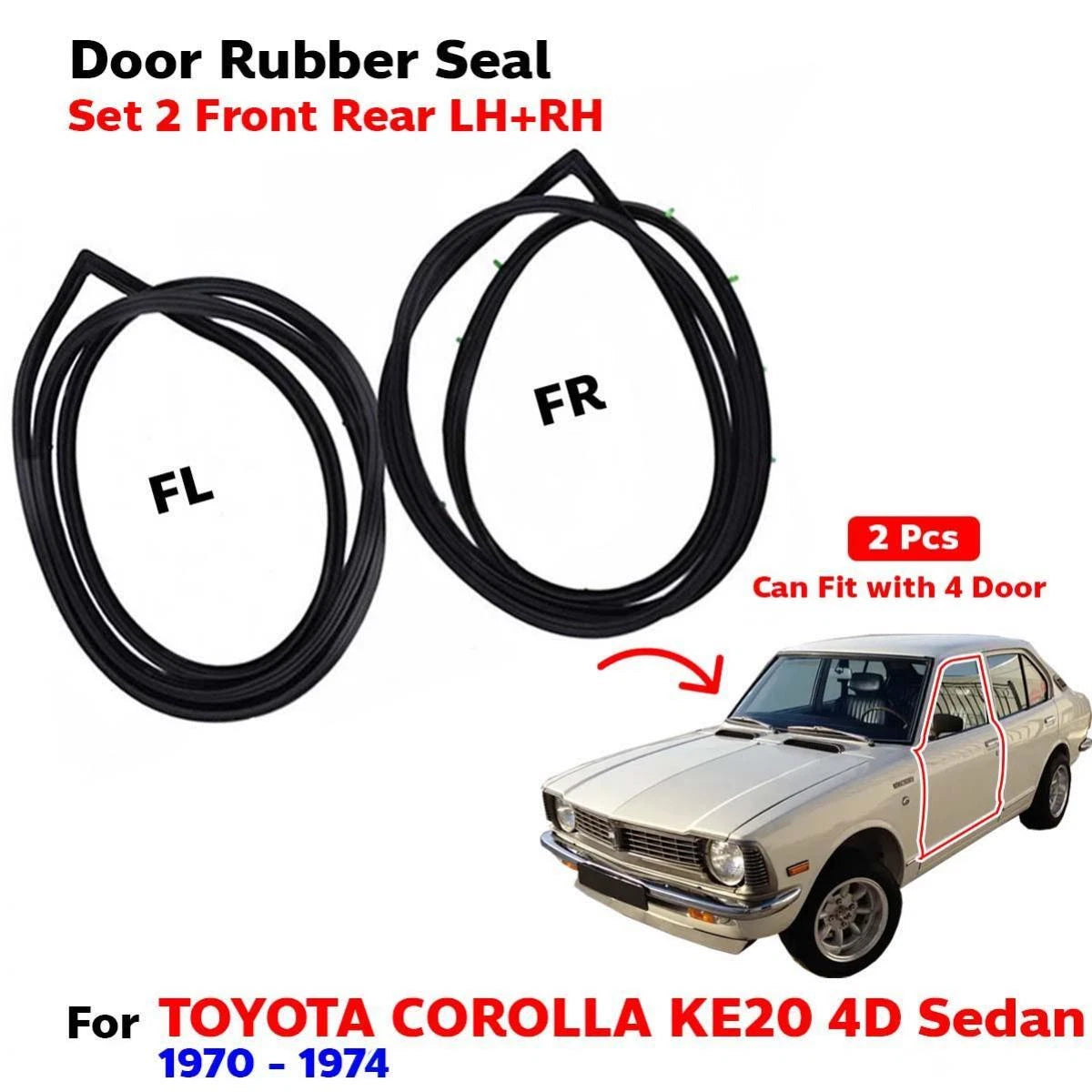 Door Rubber Seal Front LH+RH Set 2 Fits Toyota Corolla KE20 4D Sedan 1970-74