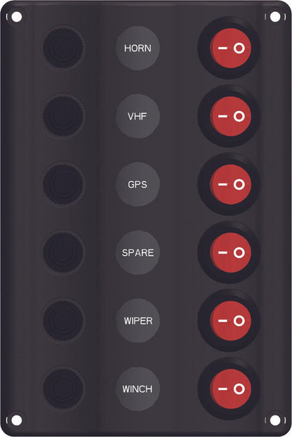 Switch Panel LED 6 Gang with Circuit Breakers for Marine/Caravan IP65 Splashproof