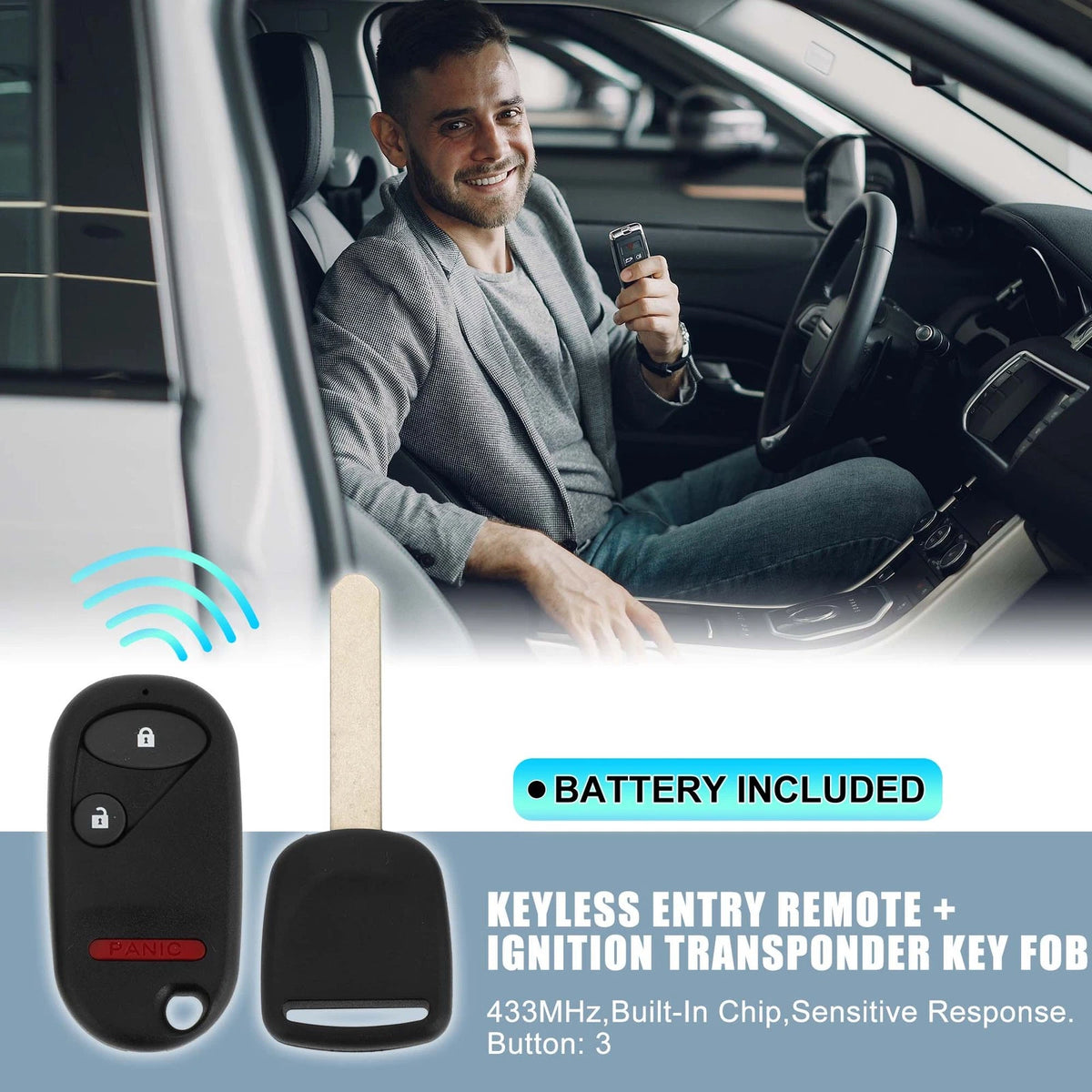 433MHz Keyless Entry Remote Ignition Transponder Key Fob for Honda Pilot, Civic