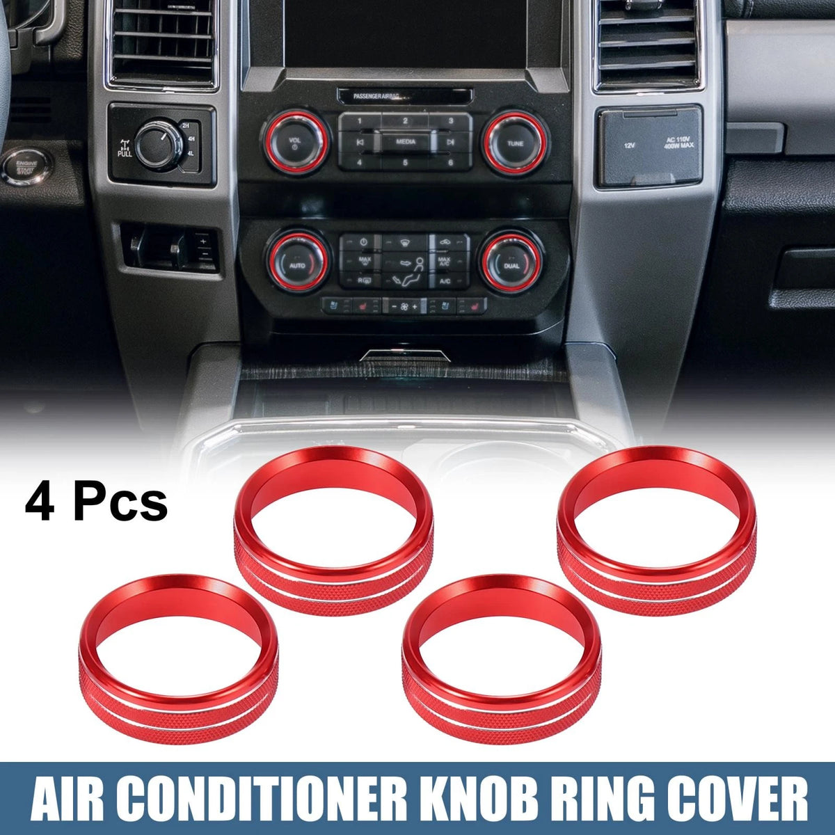 4 x Air Conditioner Knob Ring Covers for Ford F150 XLT (2015-2019) Red