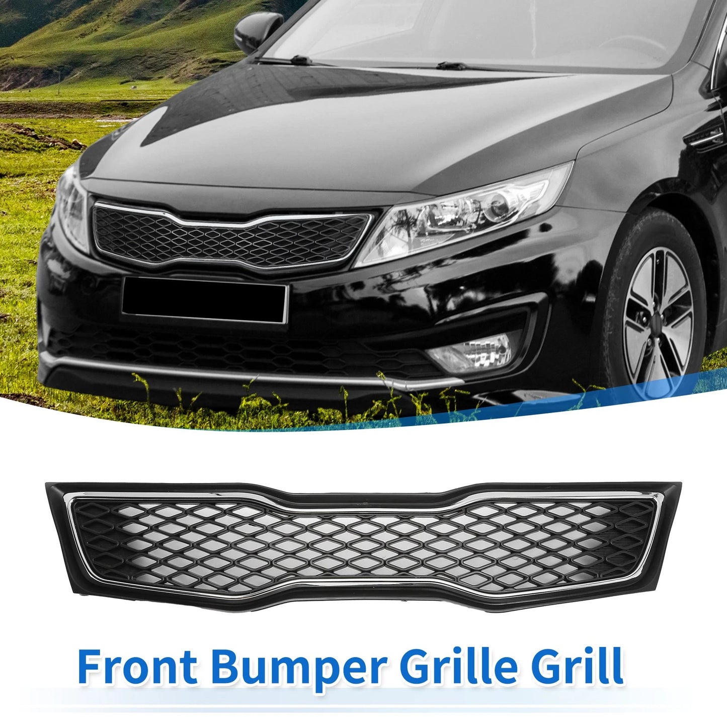 Front Upper Bumper Grille for Kia Optima (2011-2013) Black Chrome Silver Tone