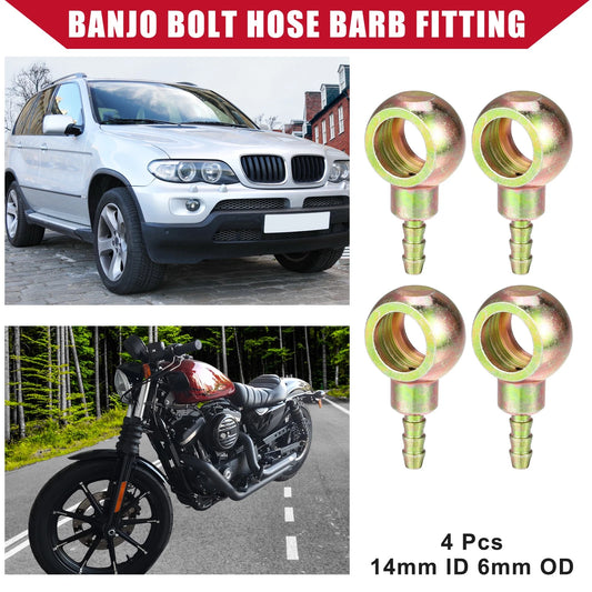 4 x Banjo Bolt Hose Barb Fitting Metal 14mm ID 6mm OD for Auto Motorcycle