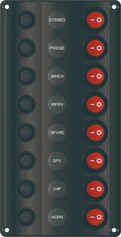 Switch Panel LED 8 Gang with Circuit Breakers for Marine/Caravan, IP65 Splash Proof