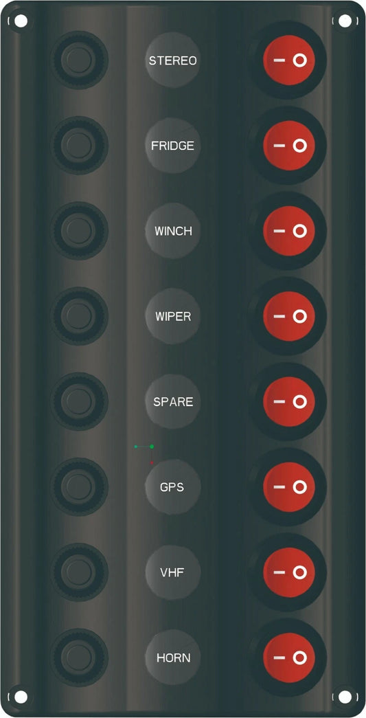 Switch Panel LED 8 Gang with Circuit Breakers for Marine/Caravan, IP65 Splash Proof