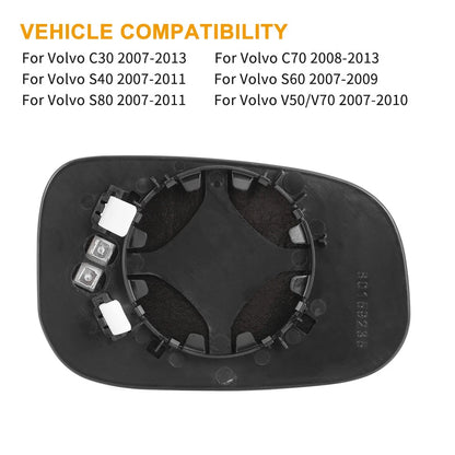Left Side Mirror Glass with Backing for Volvo C30 C70 S40 S60 S80 (2007-2013)