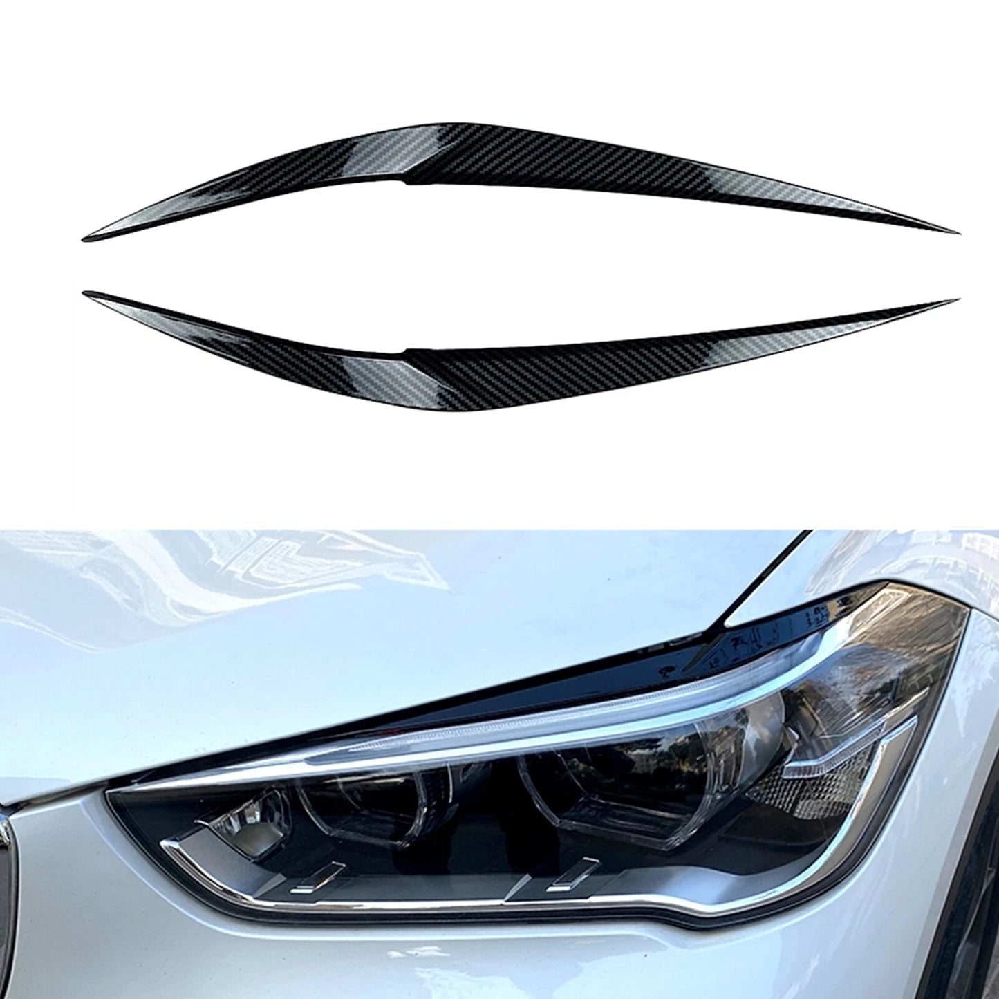 2 x Headlight Eyelid Trim Covers Carbon Fiber Look for BMW X1 (2016-2021)