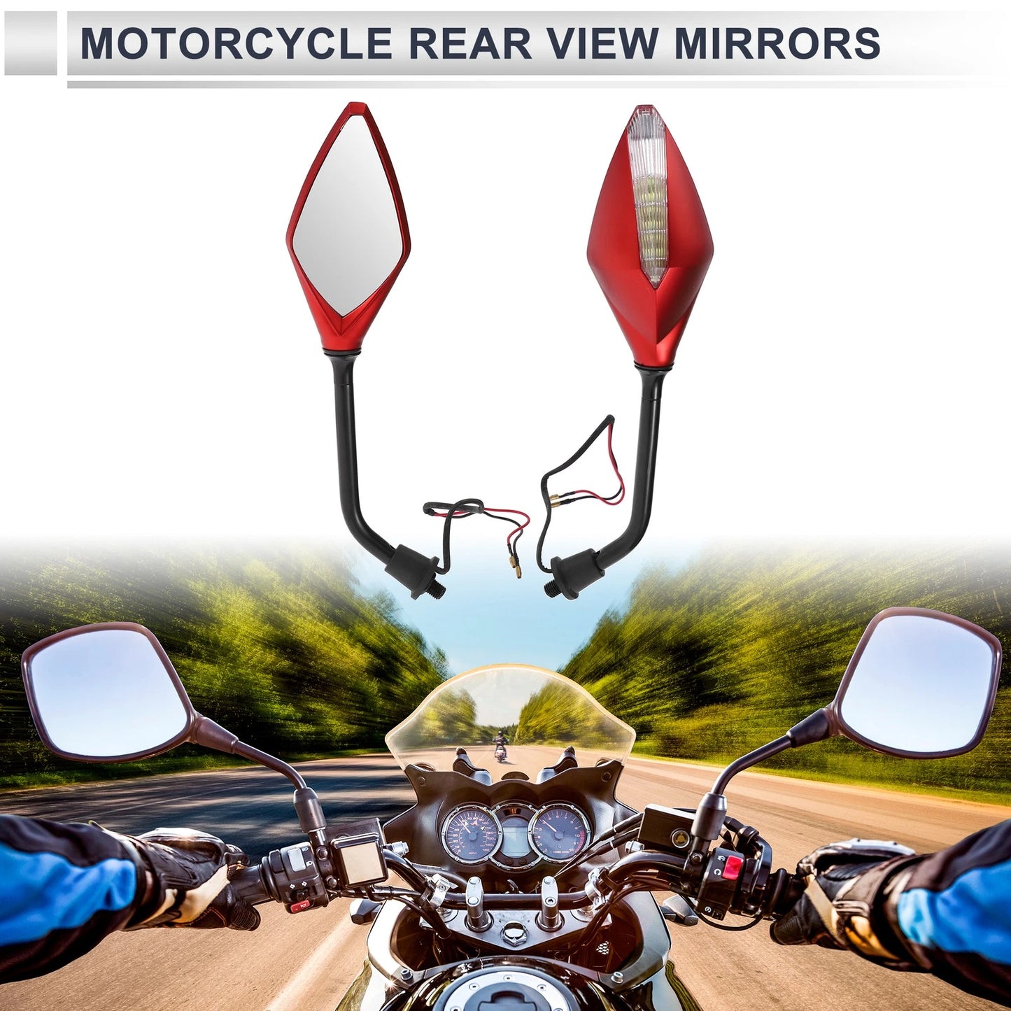 M10 Handlebar Mirrors for Motorcycle Rear View Black Red Iron Plastic 1 Set