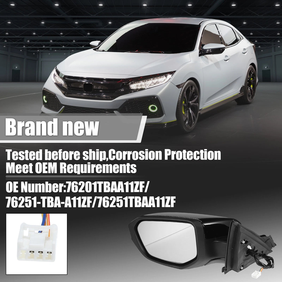 3 Pin Left Side Door Mirror Assembly Black for Honda Civic (2016-2021)