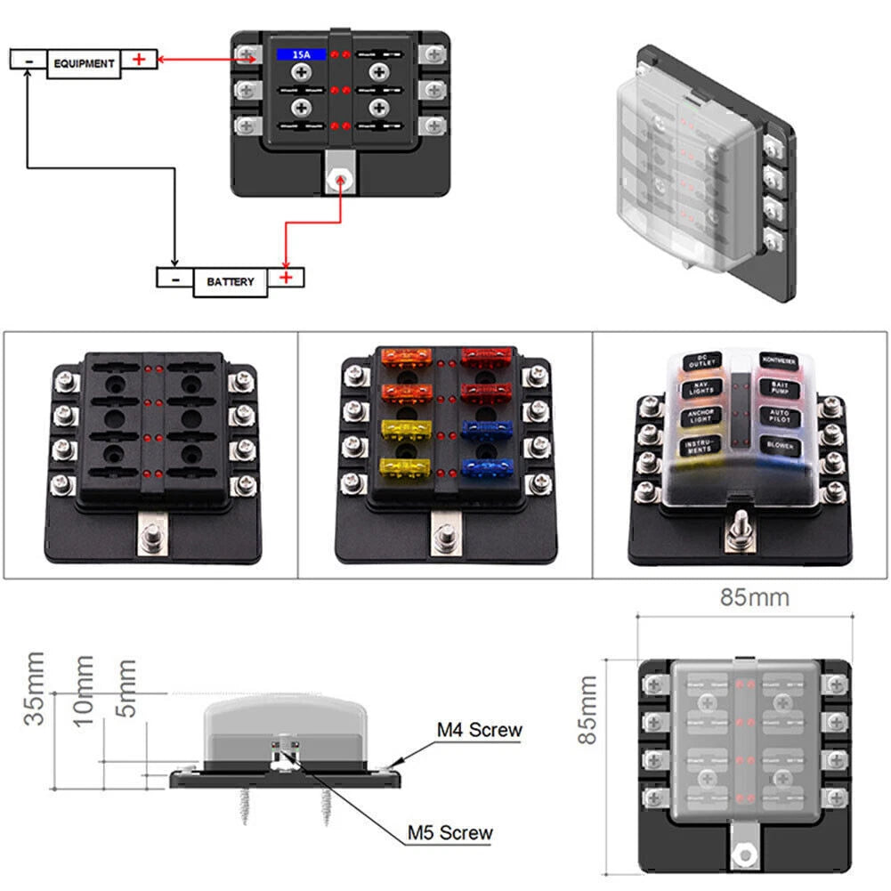 8 Way LED Fuse Box Block Holder for Universal Use