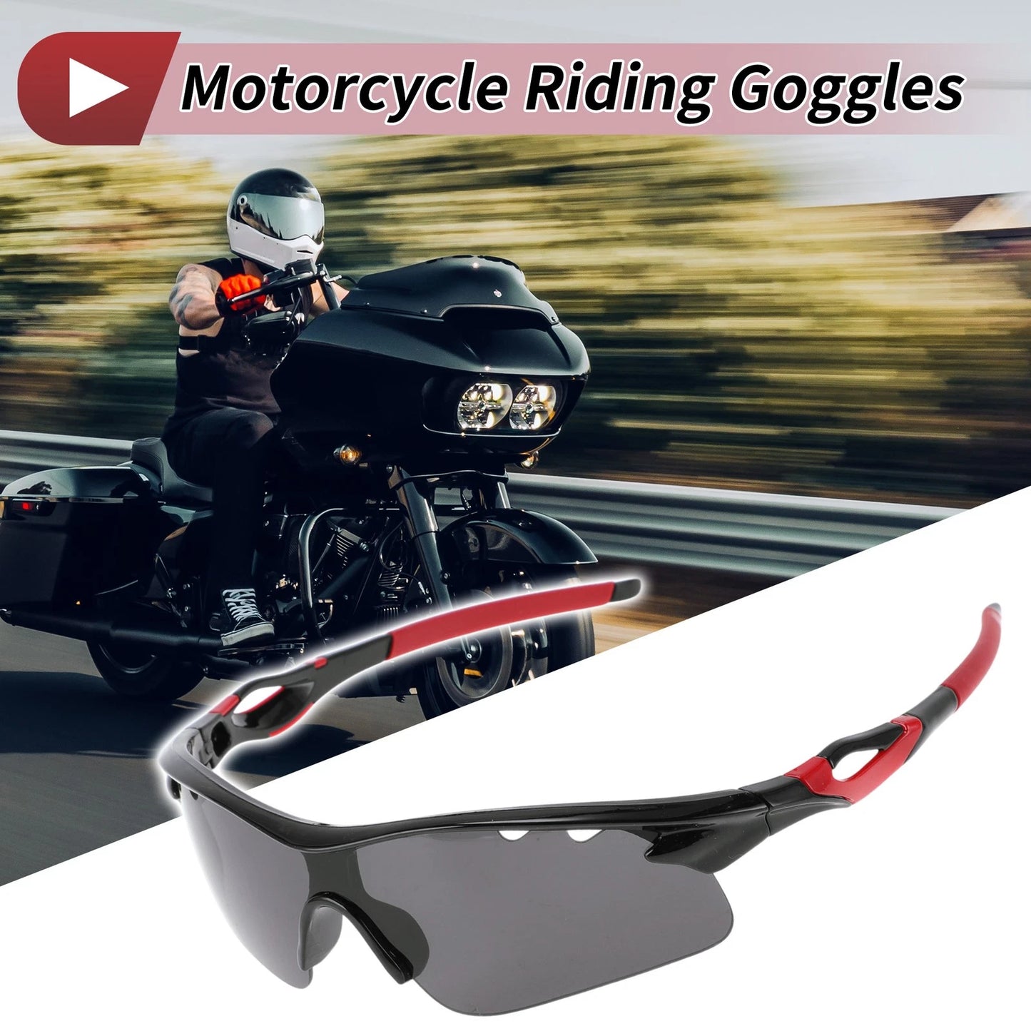 Set Motorcycle Riding Goggles Dark Gray Lens Red Frame for PC Cycling Sunglasses