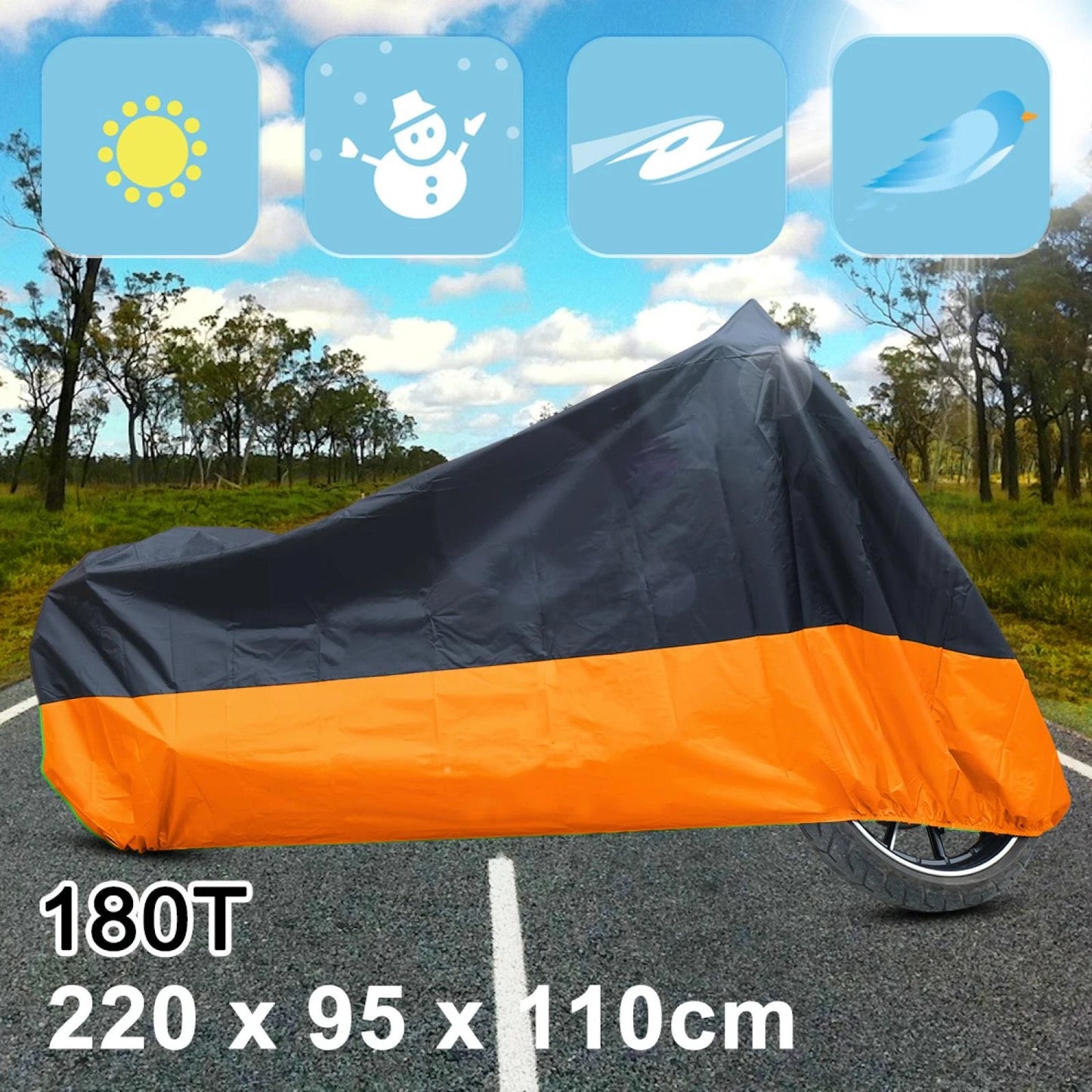 L 190T Rain Dust Motorcycle Cover Black+Orange Outdoor Waterproof UV Protector