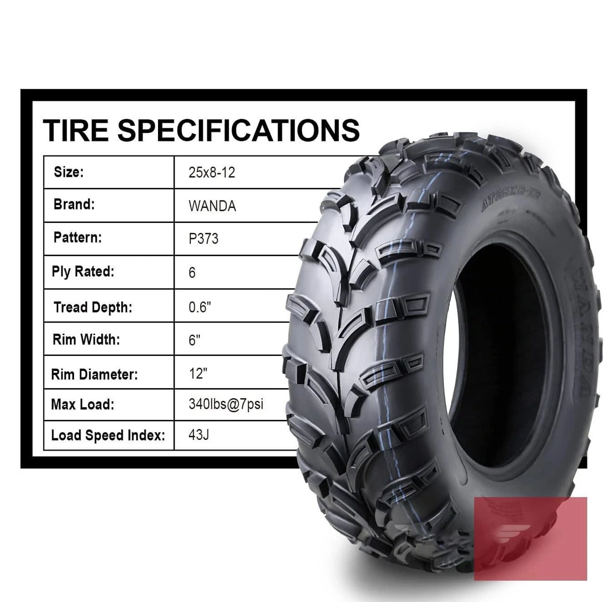 25x8-12 WANDA Front ATV UTV Tire 6 Ply for Quad Buggy Go Kart