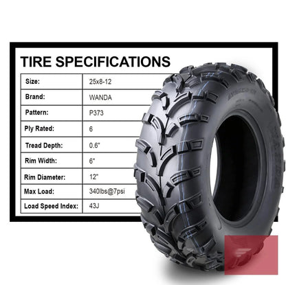 25x8-12 WANDA Front ATV UTV Tire 6 Ply for Quad Buggy Go Kart