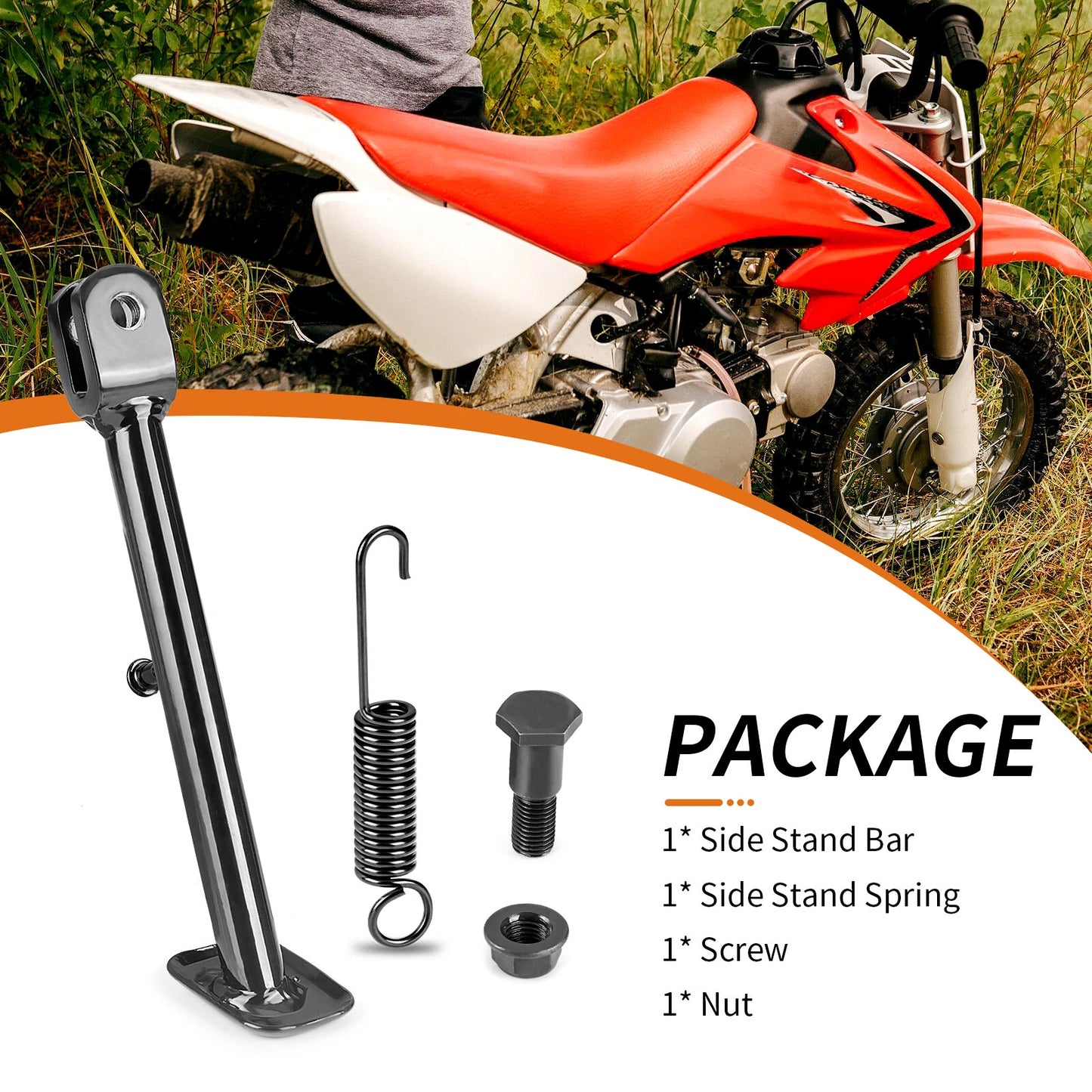 Side Kick Stand Assembly w/ Spring Bolt for Honda CRF50F (2004–2012)