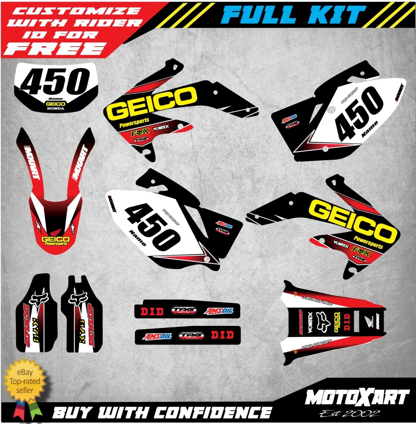 Custom Graphic Kit GEICO Style for Honda CRF 450X (2005-2016) Decals