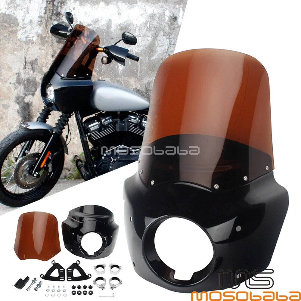 Smoke Headlight Fairing Windshield w/ Extension Blocks for Harley (2006-2017)