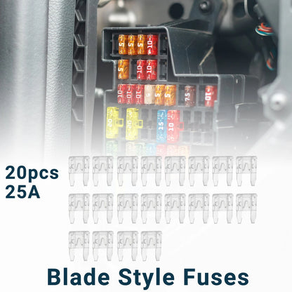 25A Mini Blade Fuses for Car Short Circuit Protection - 20 Pcs