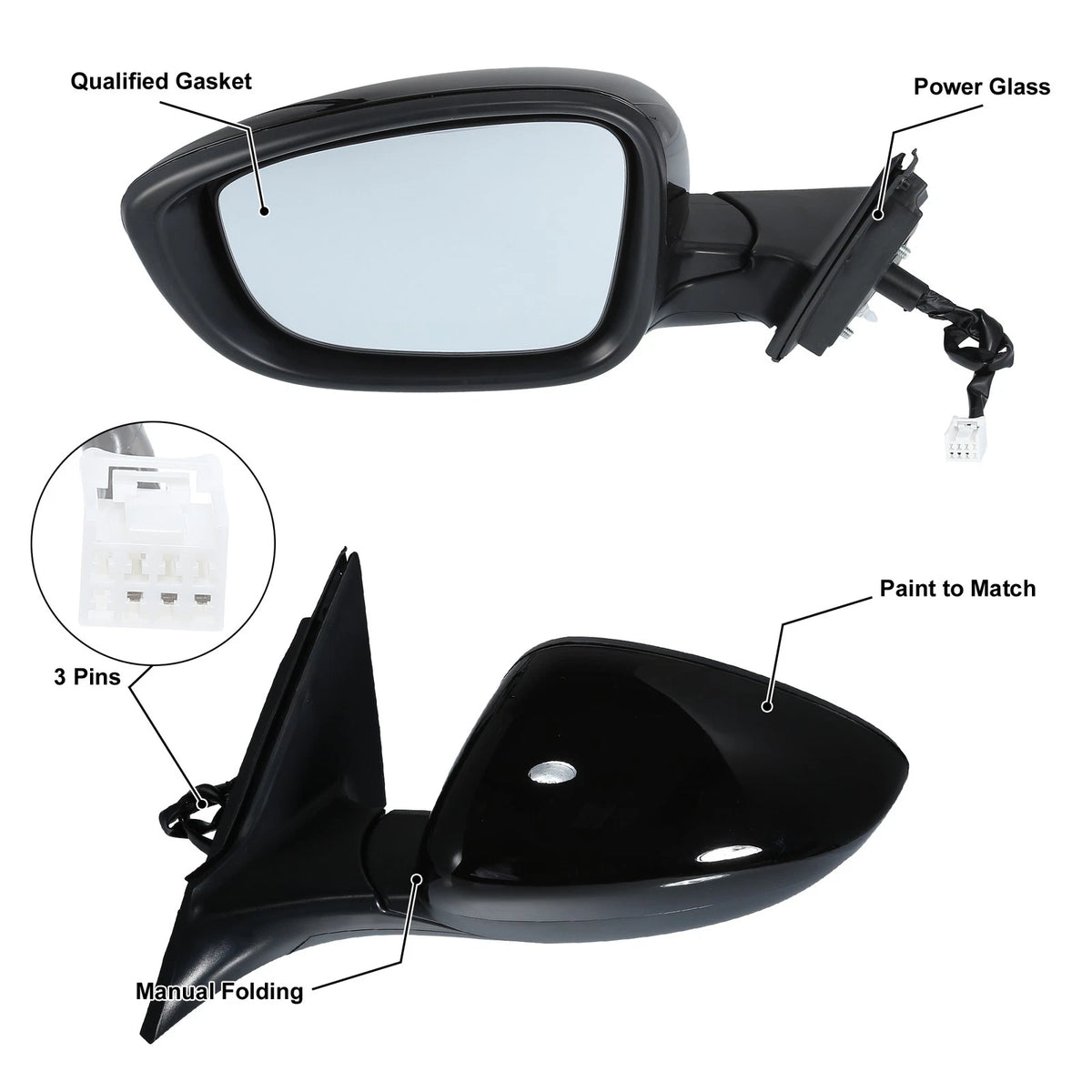 3 Pin Left Side Door Mirror Assembly Black for Honda Accord (2018-2022)
