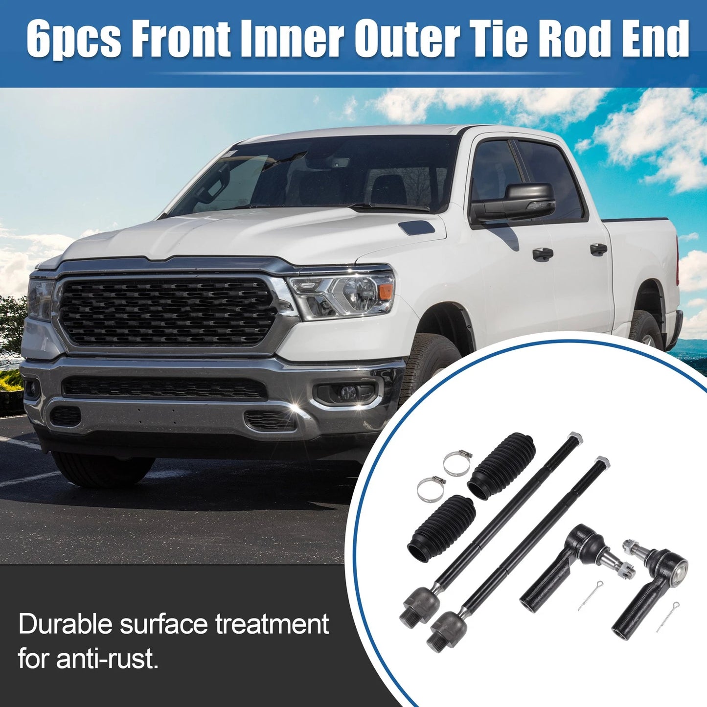 6x Front Inner Outer Tie Rod End Links Kit for Dodge Ram 1500 (2006-2010)
