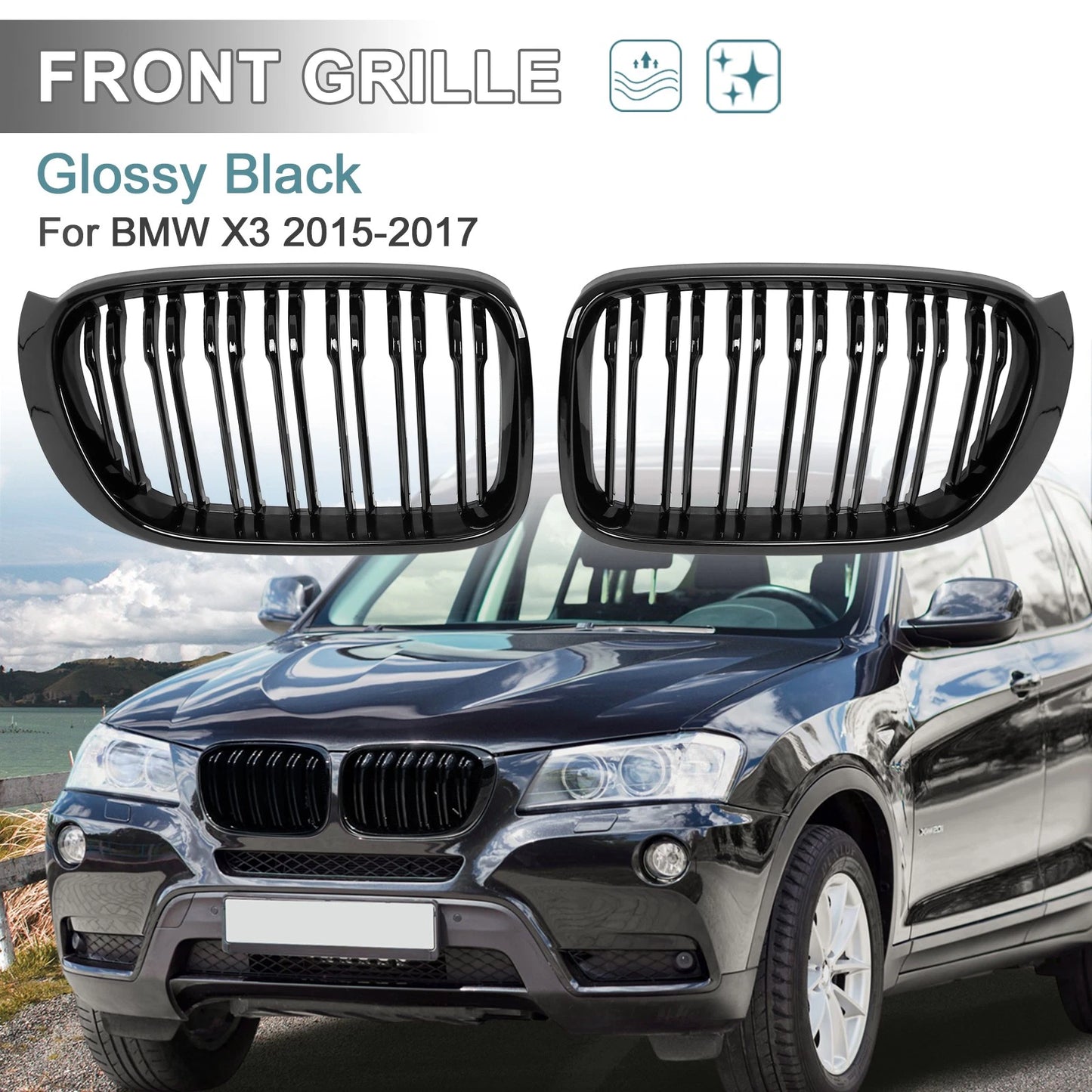 Glossy Black Front Hood Grill Kidney Grille for BMW X3 (2015-2017)