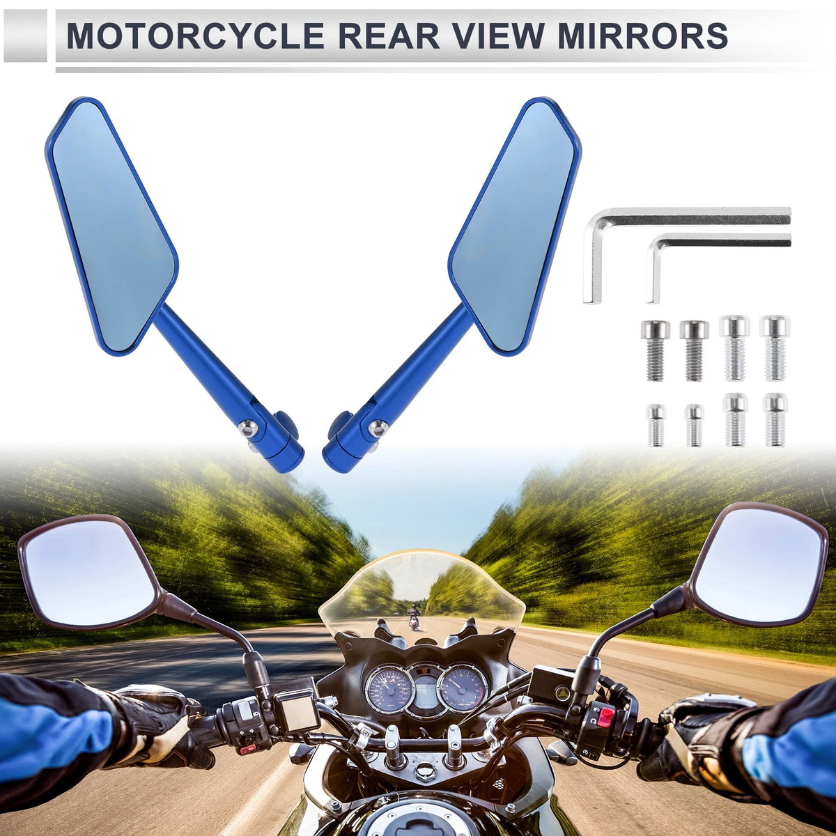 M8/M10 Rear View Mirrors Prismatic Blue Aluminum Alloy 1 Set for Motorcycle