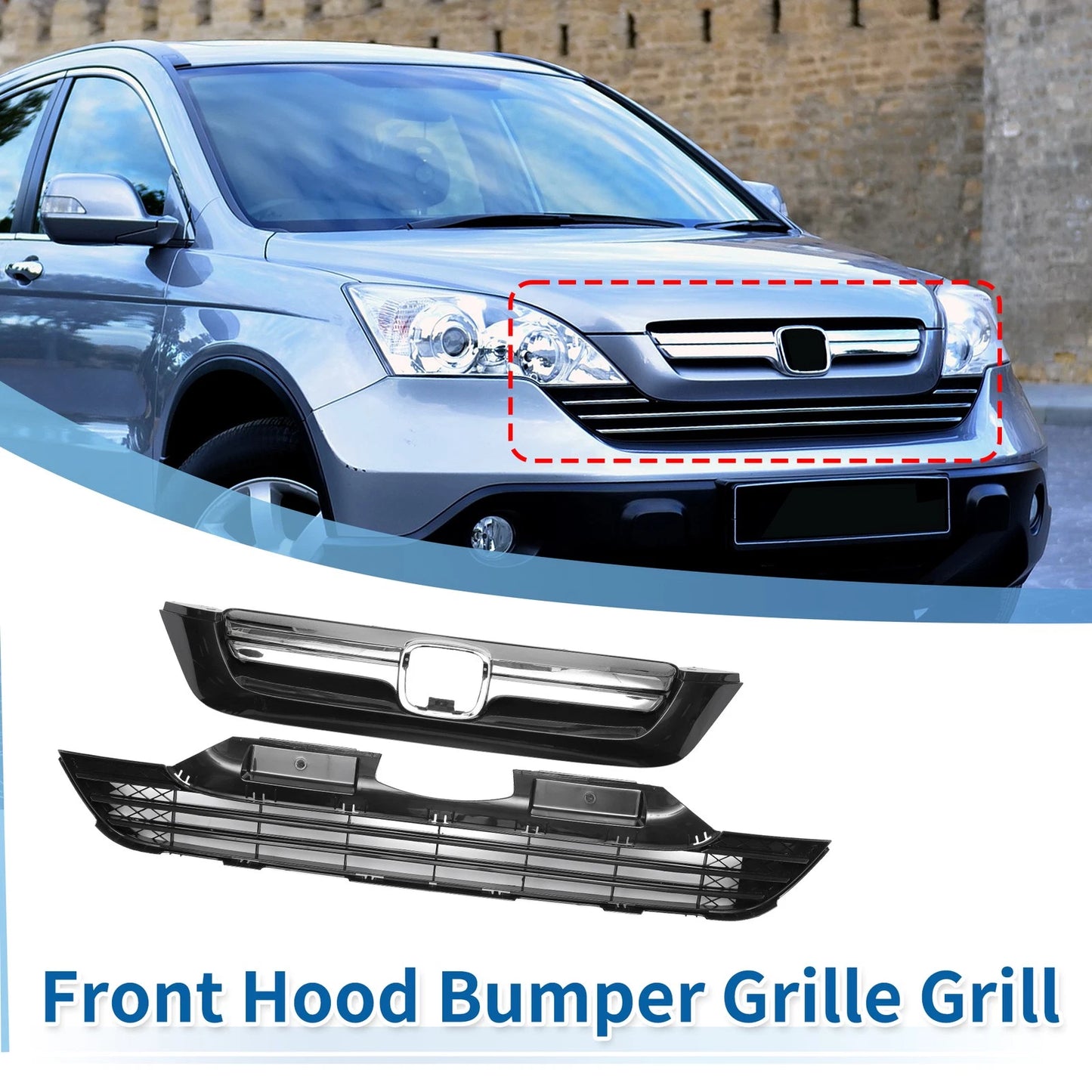 Front Bumper Grille for Honda CR-V (2007-2009) Chrome Silver Black 1 Set