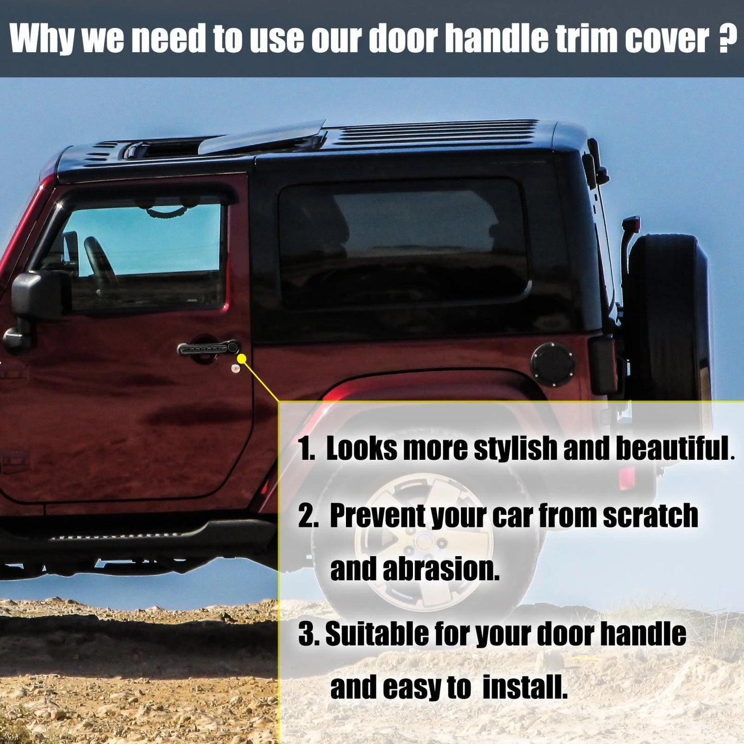 3 x Door Handle Trim & Button Covers for Jeep Wrangler 2007-2018 Black