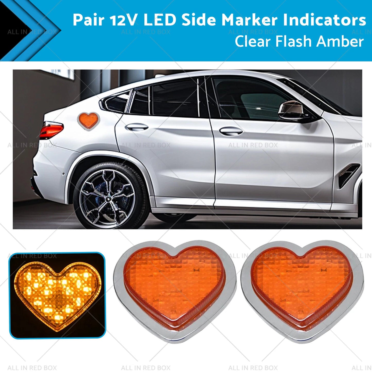 12V LED Side Marker Indicators Clear Flash Amber for Heart