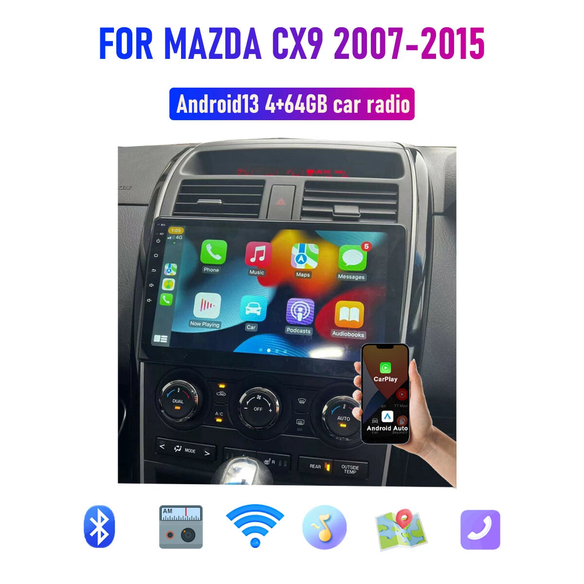 Wireless CarPlay Android Auto Stereo GPS Nav BT for Mazda CX-9 (2007-2015)