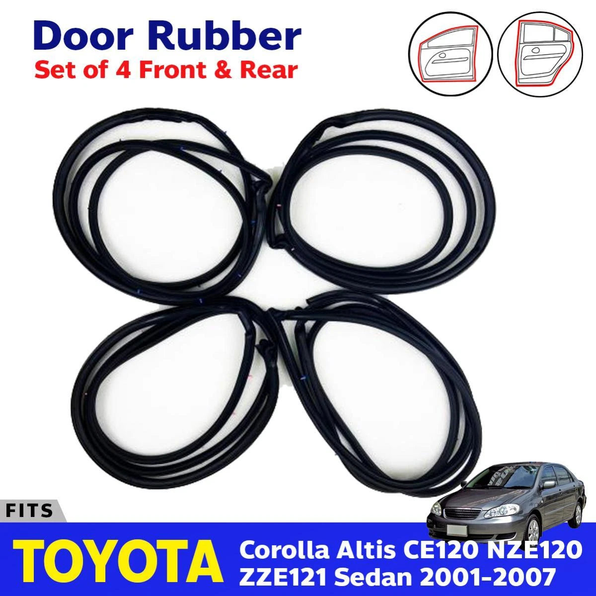 4x Door Rubber Weatherstrip Fits Toyota Corolla Altis CE120 ZZE121 ZZE122 4D D05