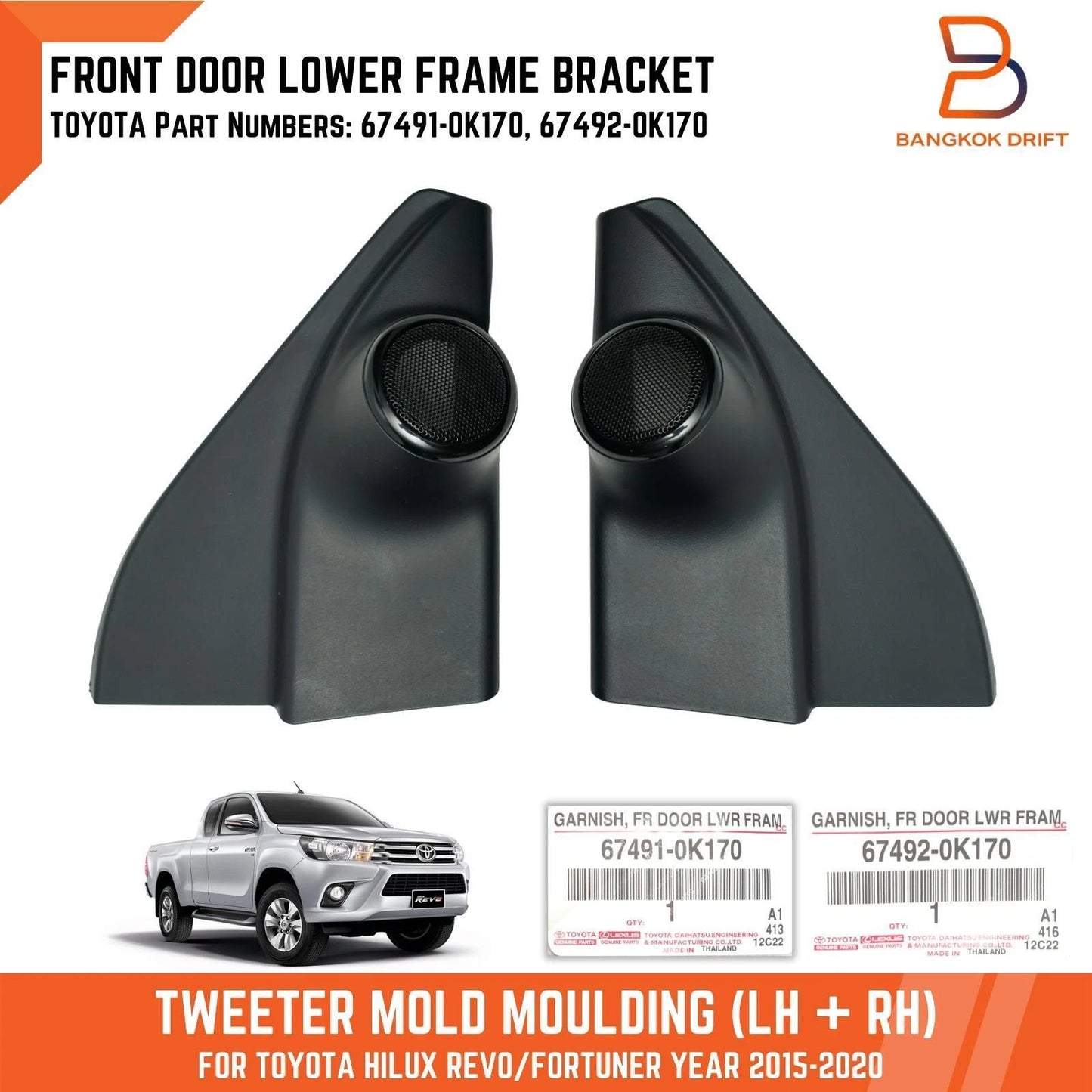 Black Tweeter Mould Front Door Lower Frame for Toyota Hilux Revo Fortuner (15-20)