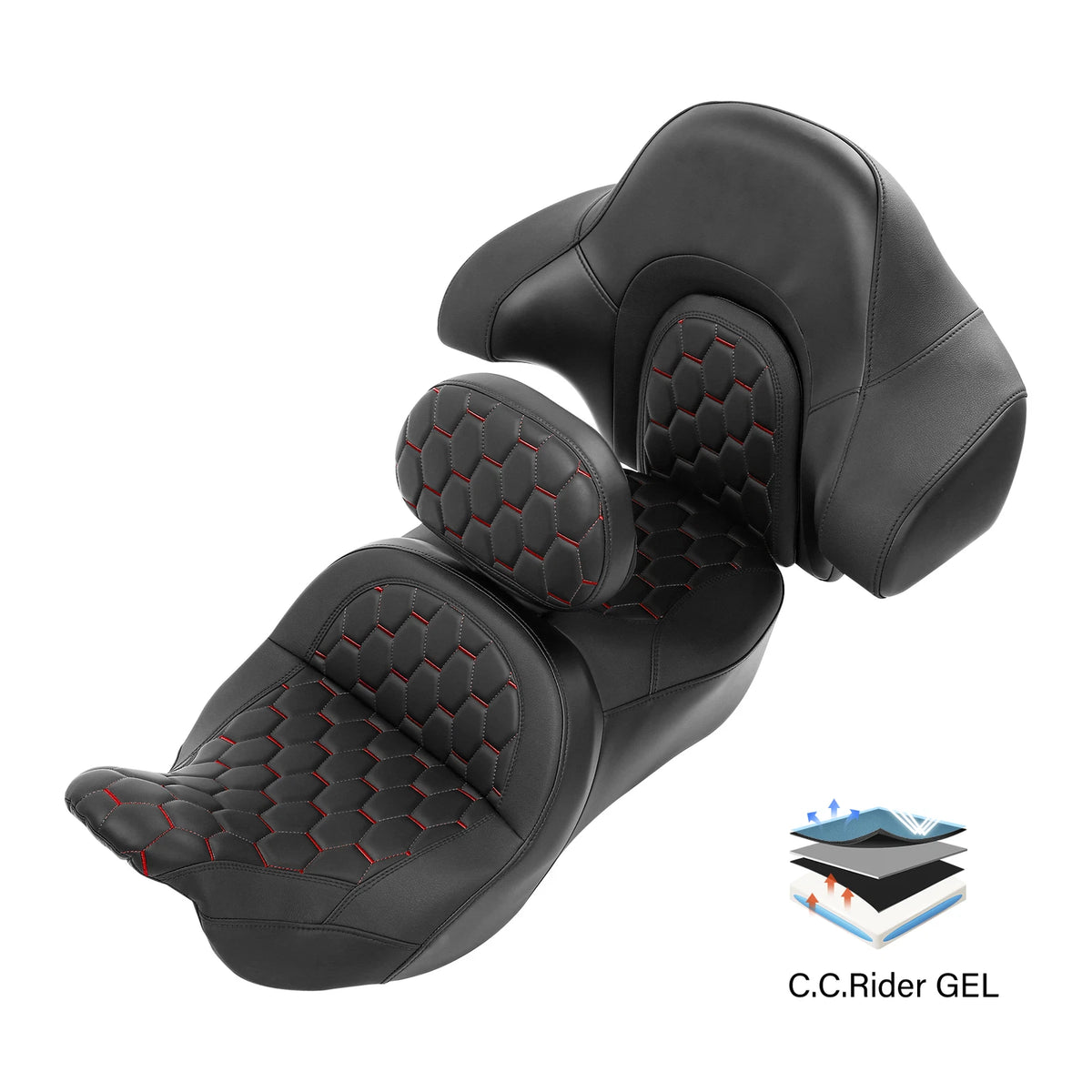 Black Red Driver Passenger Gel Seat Backrest for Harley Road King (2014-2023)