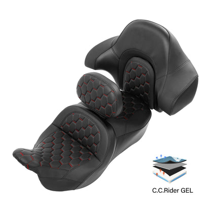 Black Red Driver Passenger Gel Seat Backrest for Harley Road King (2014-2023)