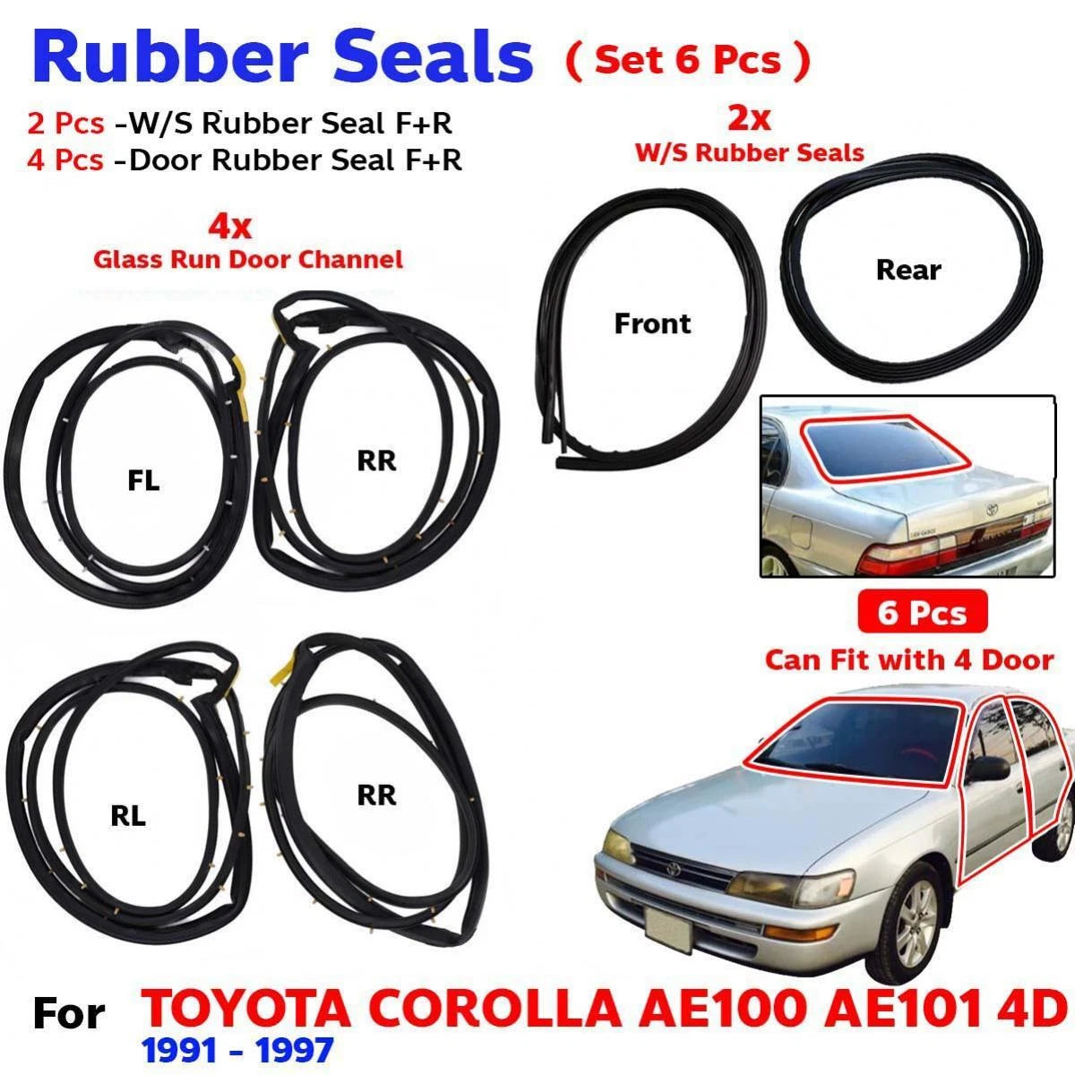 Windshield Door Rubber Seal Set 6 Fits Toyota Corolla EE100 AE100 AE101 4D SED