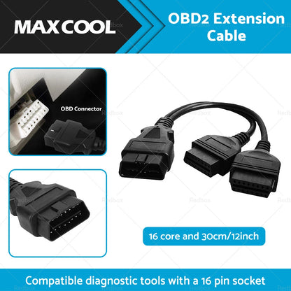 12" OBD2 16 Pin Splitter Extension Cable Male to Dual Female Y Lead