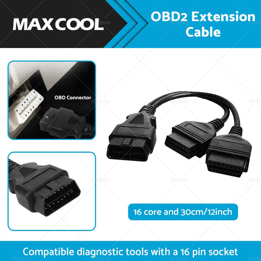 12" OBD2 16 Pin Splitter Extension Cable Male to Dual Female Y Lead