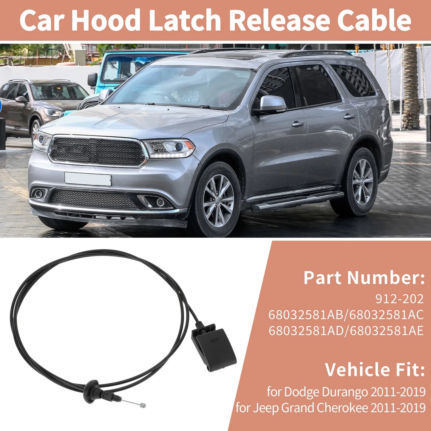 2x Front Hood Release Cables for Dodge Durango & Jeep Grand Cherokee