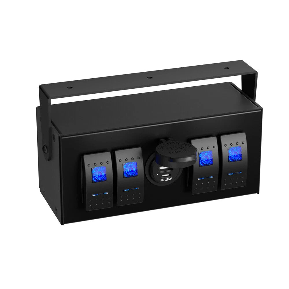 4 Button LED Rocker Switch Box with QC3.0 PD 18W USB Charger for Car Boat