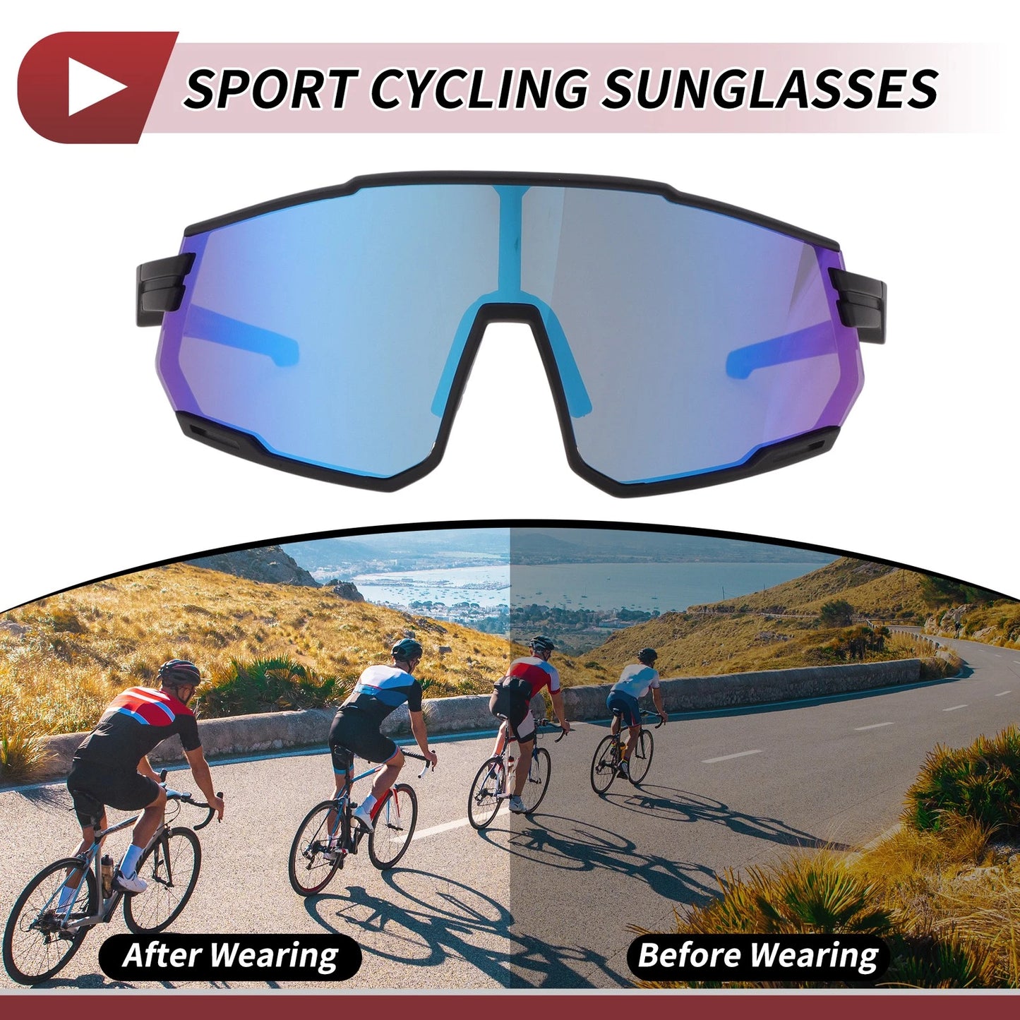 Motorcycle Riding Goggles Blue Lens Black Frame UV400 Cycling Sunglasses