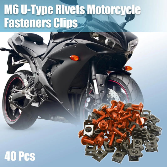 40pcs M6 U-Type Rivets Fasteners Clips for Motorcycle with Orange Bolts Screws