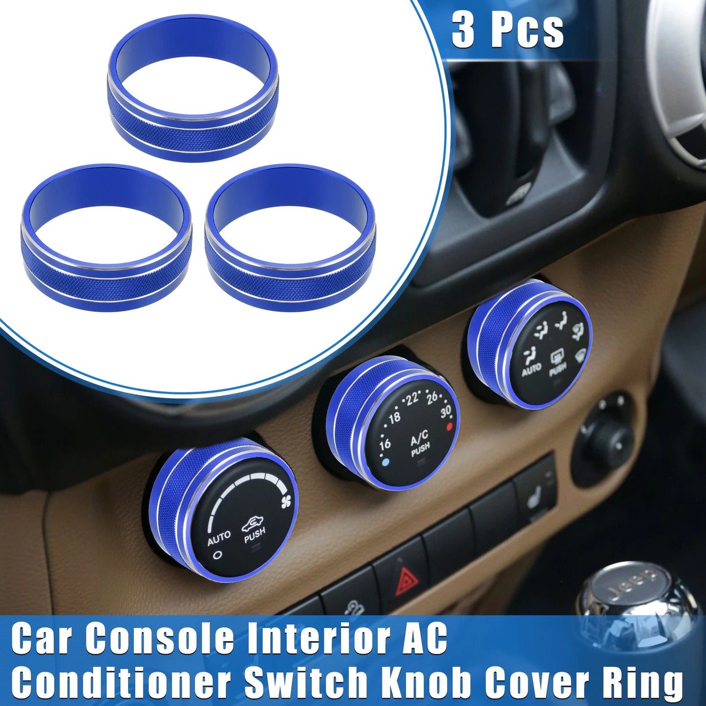 3 x Car AC Switch Knob Cover Rings for Jeep Wrangler JK JKU (2011-2018) Blue