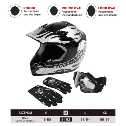 Youth ATV Motocross Dirt Bike Skull Helmet & Goggles Gloves S M L XL