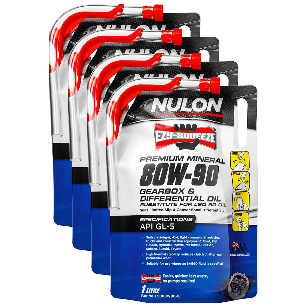 4 x Nulon EZY-SQUEEZE Gearbox Differential Premium Mineral Oil 1L LSD80W90