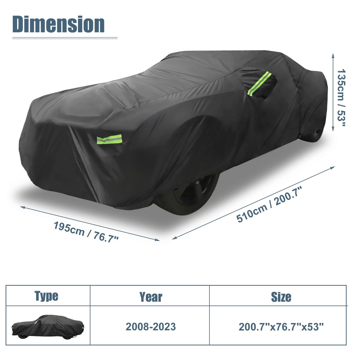 Waterproof Car Cover for Dodge Challenger 2008-2023 with Zipper, Black