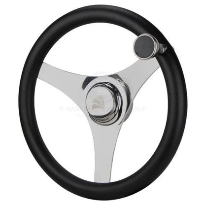 Boat Steering Wheel 340mm Diameter, Stainless Spokes, Poly Grip & Knob