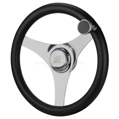 Boat Steering Wheel 340mm Diameter, Stainless Spokes, Poly Grip & Knob